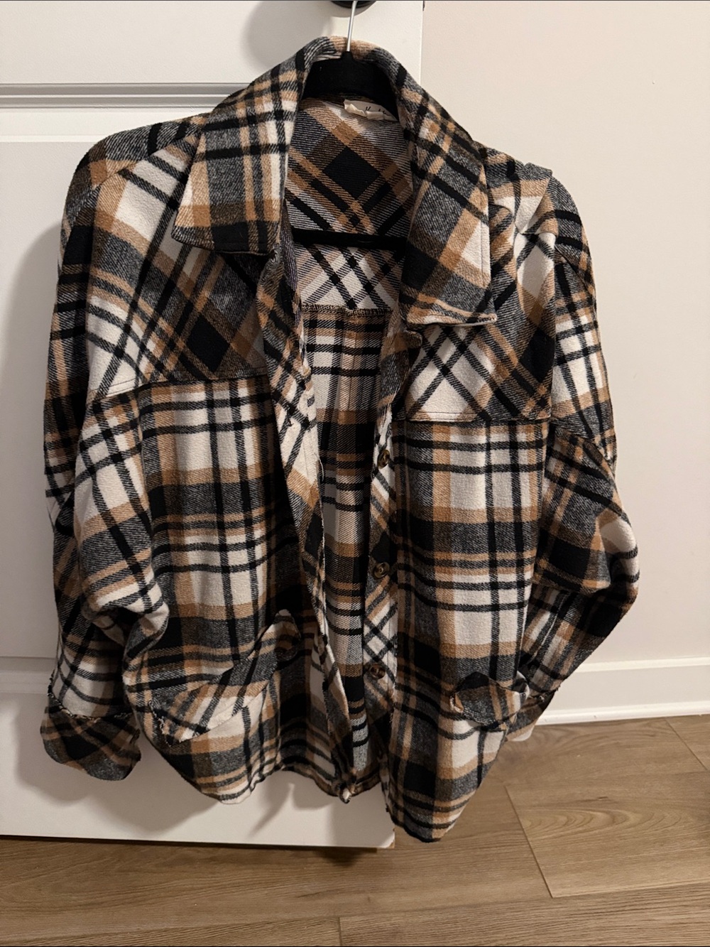 Plaid Button-Up Shacket Jacket – Black, White & Tan